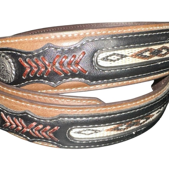 Nocona Belt Men 42 Brown Leather Western Cowboy Rodeo Silver Accent Aztec - Picture 1 of 6